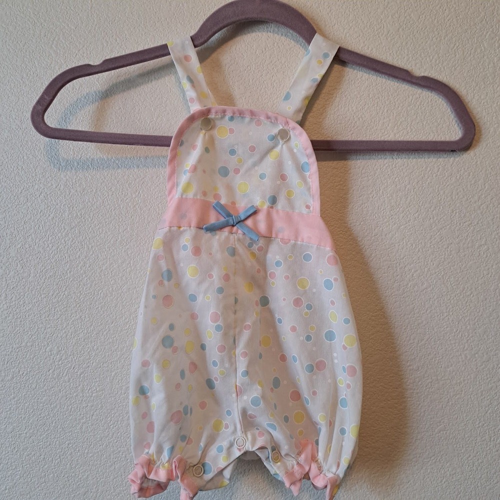 Vintage Pastel Polka Dot Sunsuit Romper Pink Blue Yellow 18 Months Bib Front